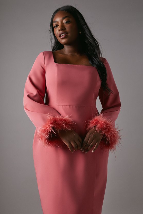 Karen Millen Plus Feather Cuff Long Sleeve Pencil Dress Coral