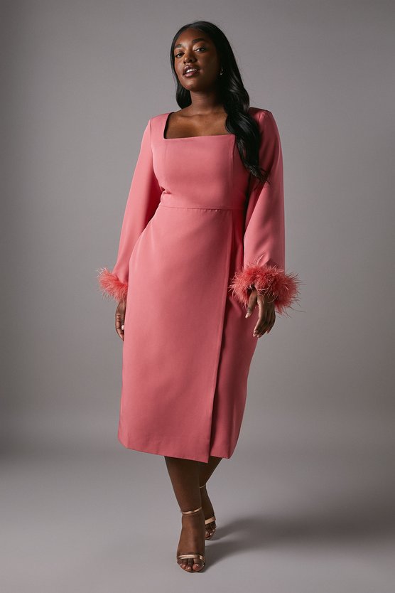 Karen Millen Plus Feather Cuff Long Sleeve Pencil Dress Coral