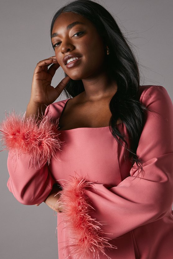 Karen Millen Plus Feather Cuff Long Sleeve Pencil Dress Coral