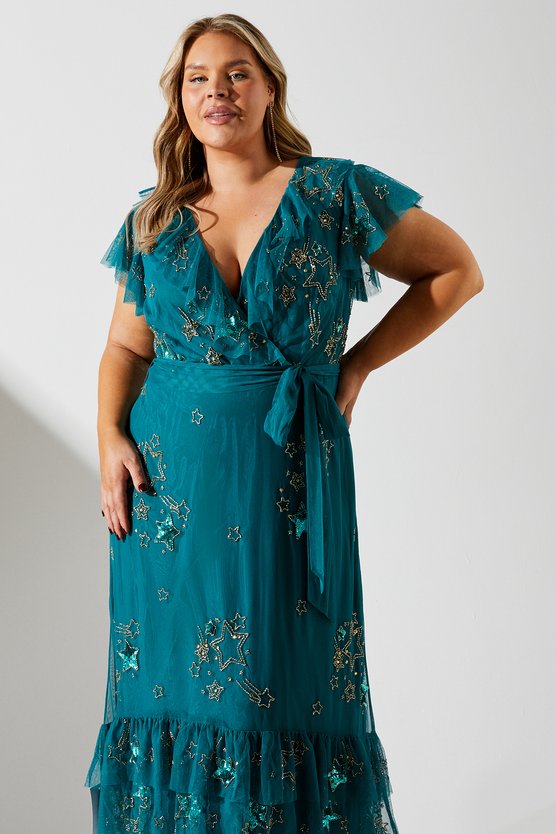 Karen Millen Plus Frill Wrap Front Embellished Midi Dress Teal
