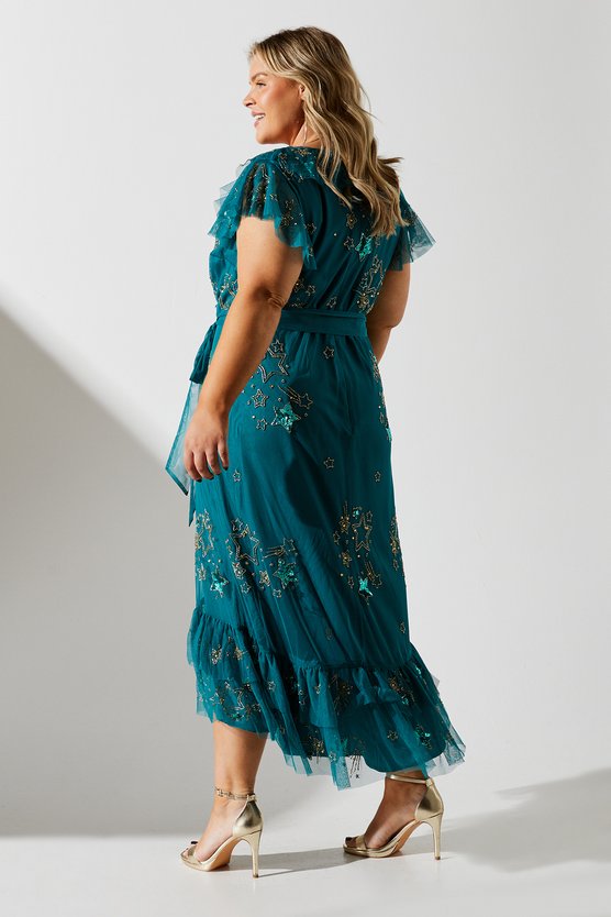 Karen Millen Plus Frill Wrap Front Embellished Midi Dress Teal