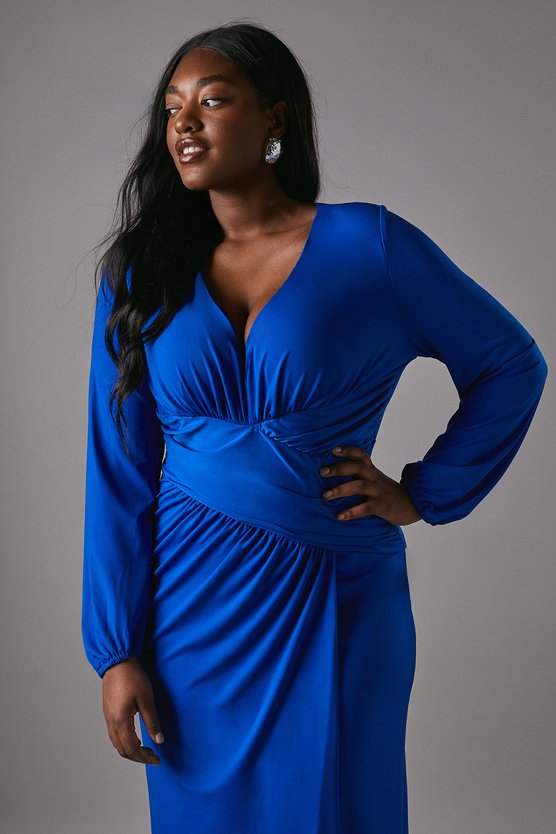Karen Millen Plus Jersey Tie Wrap Front Long Sleeve Dress Cobalt