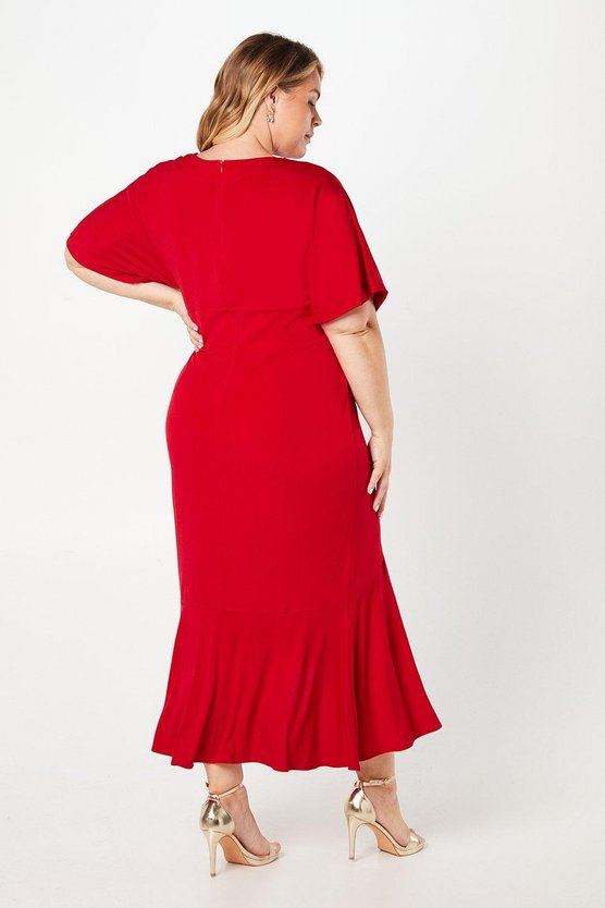 Karen Millen Plus Jersey Wrap Front Midi With Ruffle Red