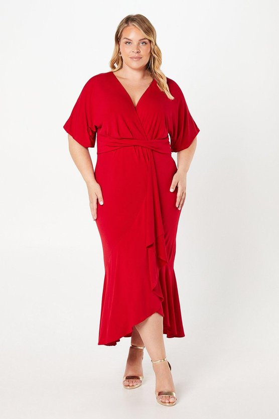 karen millen Plus Jersey Wrap Front Midi With Ruffle red