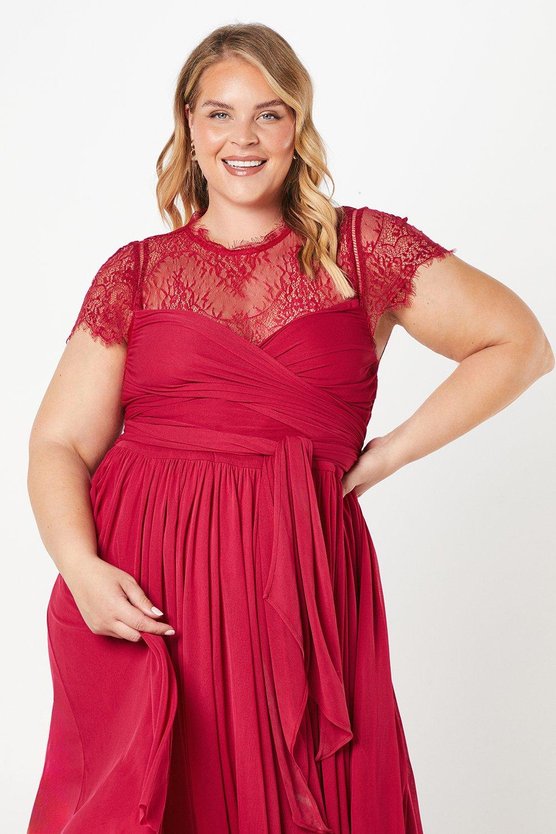 Karen Millen Plus Lace Top Wrap Front Mesh Midi Dress Berry