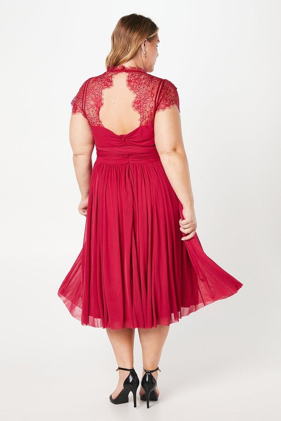 Karen Millen Plus Lace Top Wrap Front Mesh Midi Dress Berry