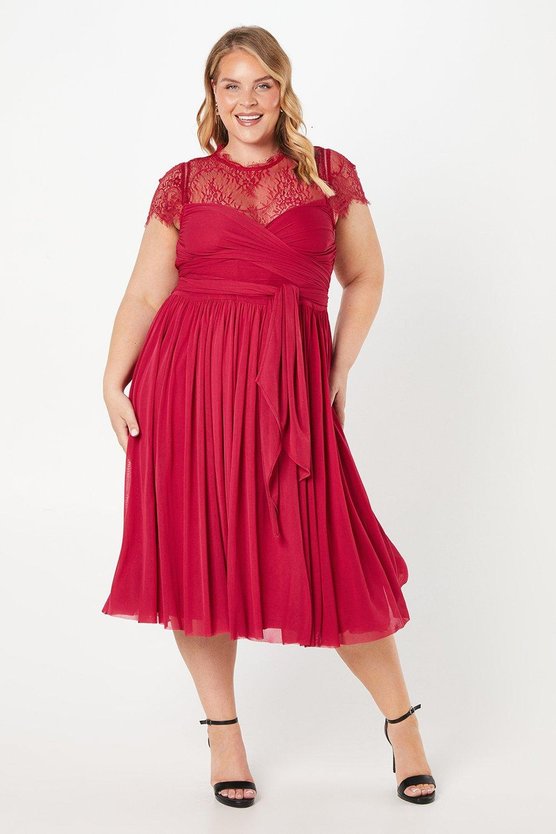 karen millen Plus Lace Top Wrap Front Mesh Midi Dress berry