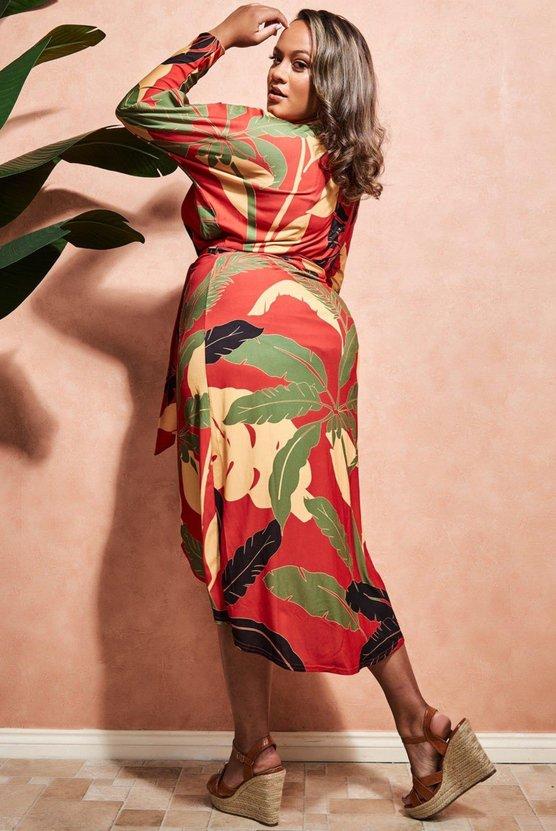 Karen Millen Plus Printed Batwing Wrap Midi Dress Brown