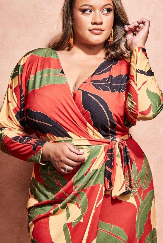 Karen Millen Plus Printed Batwing Wrap Midi Dress Brown