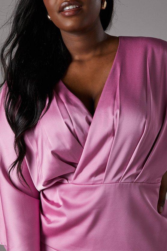 Karen Millen Plus Satin Back Crepe Ruffle Wrap Midi Dress Pink