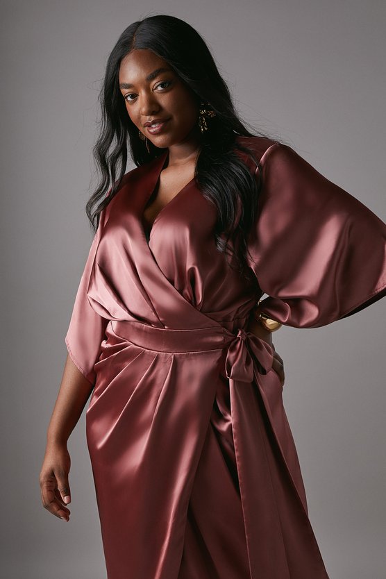 Karen Millen Plus Satin Pleat Front Midi Wrap Dress Rose