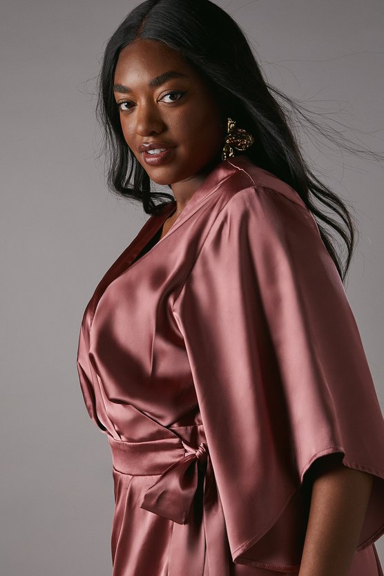 Karen Millen Plus Satin Pleat Front Midi Wrap Dress Rose