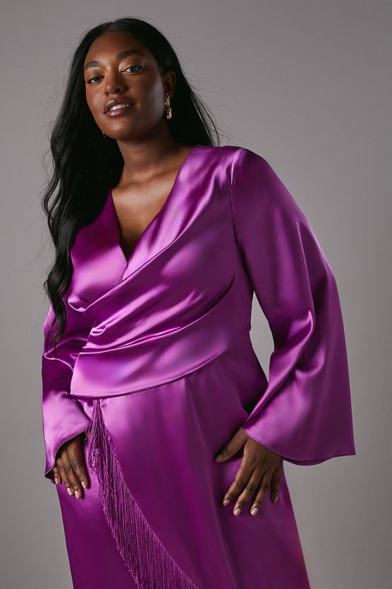 Karen Millen Plus Satin Wrap Dress With Fringe Detail Purple