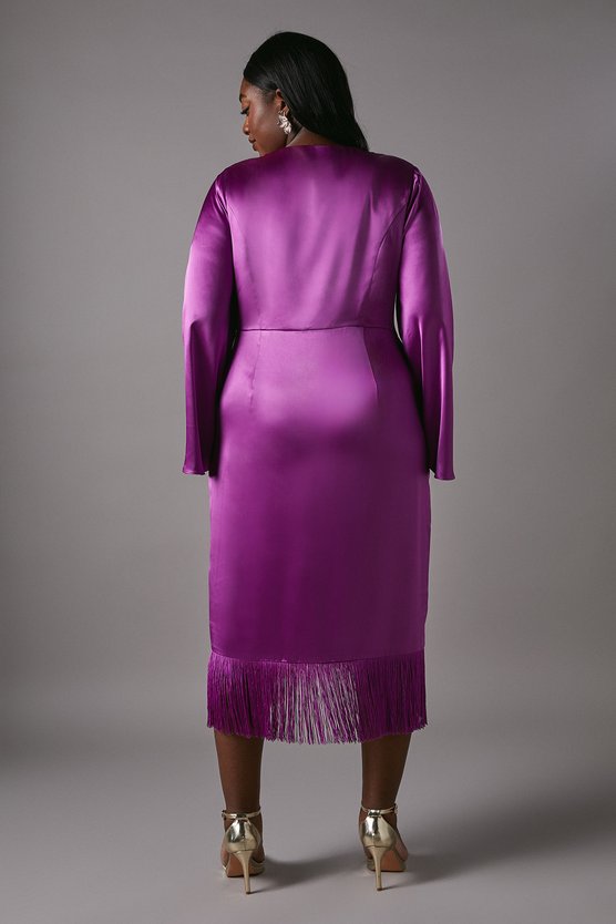 Karen Millen Plus Satin Wrap Dress With Fringe Detail Purple
