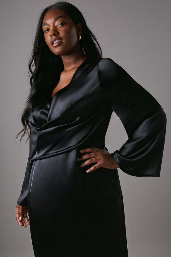 Karen Millen Plus Satin Wrap Front Dress With Flare Sleeve Black