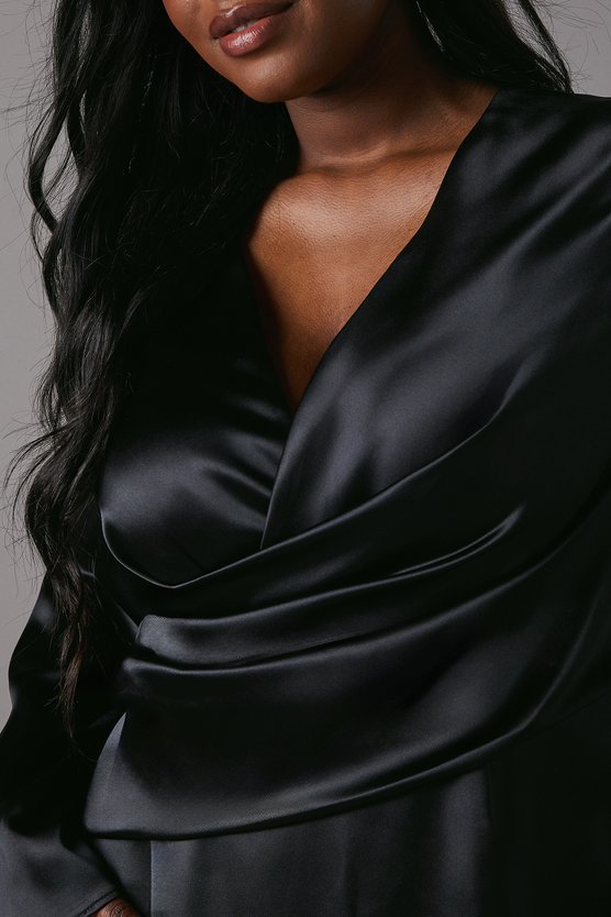 Karen Millen Plus Satin Wrap Front Dress With Flare Sleeve Black