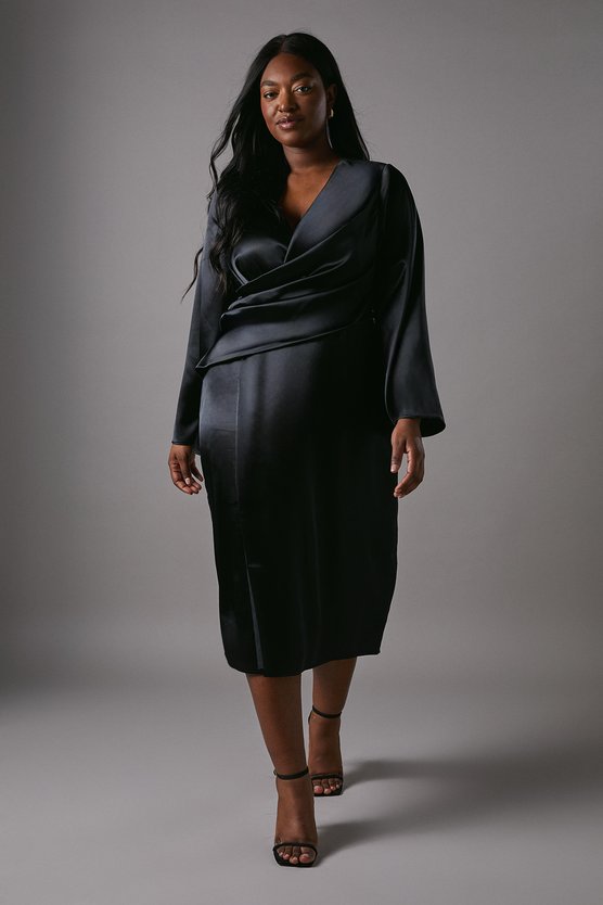 karen millen Plus Satin Wrap Front Dress With Flare Sleeve black