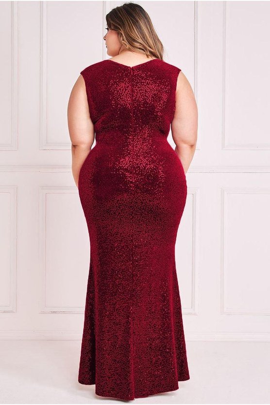 Karen Millen Plus Sequin & Velvet Bardot Maxi Dress Wine