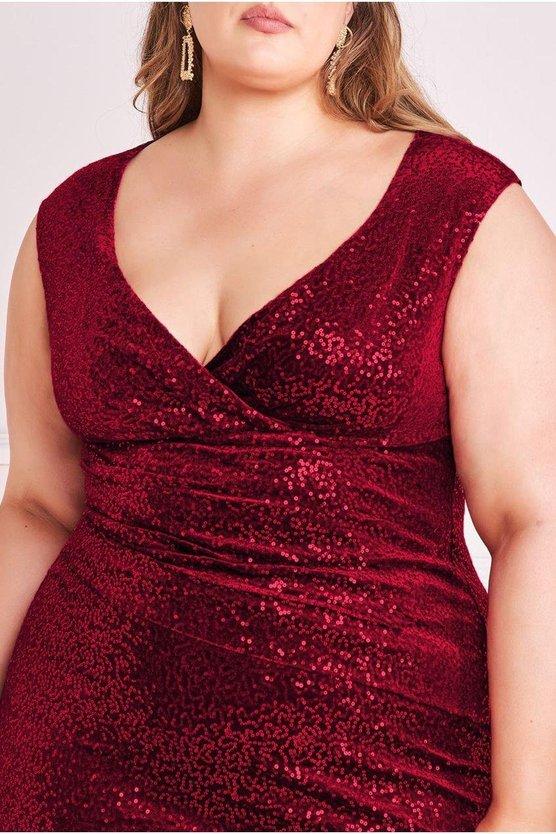 Karen Millen Plus Sequin & Velvet Bardot Maxi Dress Wine