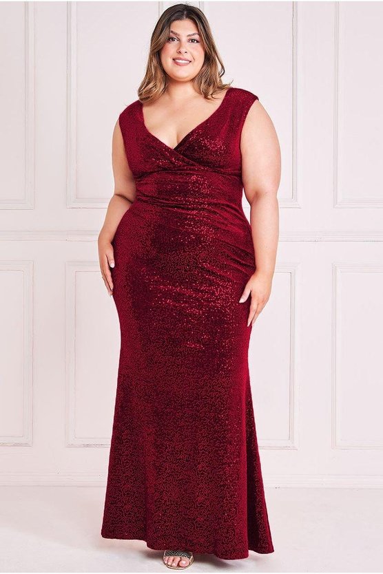 karen millen Plus Sequin & Velvet Bardot Maxi Dress Wine
