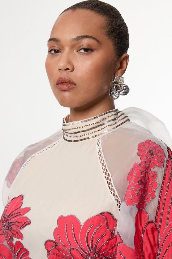 Karen Millen Plus Size Applique Organdie Floral Graphic Maxi Dress Coral