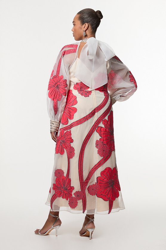 Karen Millen Plus Size Applique Organdie Floral Graphic Maxi Dress Coral
