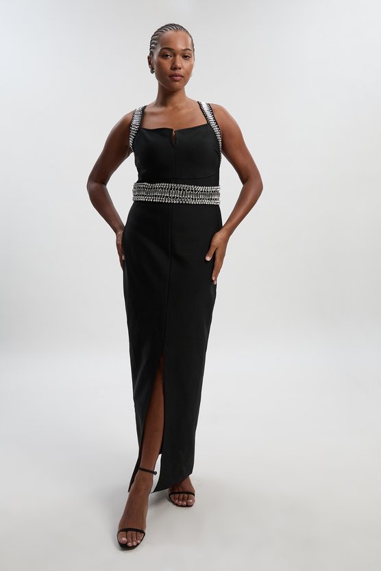 Karen Millen Plus Size Bandage Figure Form Knit Embellished Maxi Dress Black