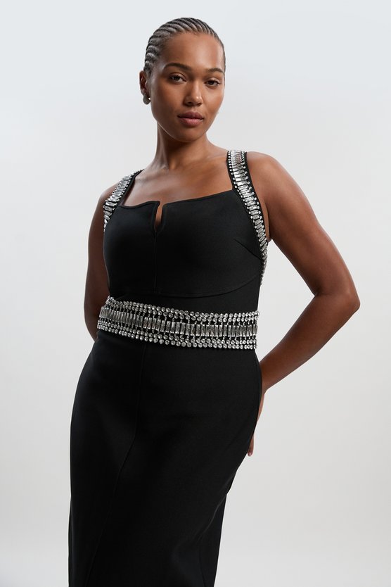 karen millen Plus Size Bandage Figure Form Knit Embellished Maxi Dress black