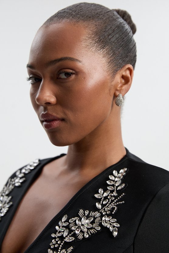 Karen Millen Plus Size Bandage Form Fitting Cape Sleeve Embellished Mini Dress Black