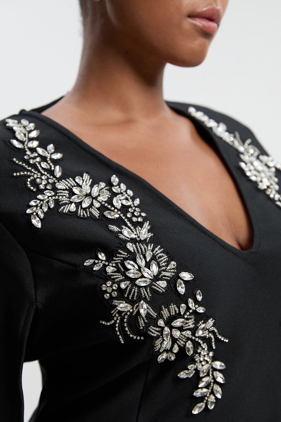 Karen Millen Plus Size Bandage Form Fitting Cape Sleeve Embellished Mini Dress Black