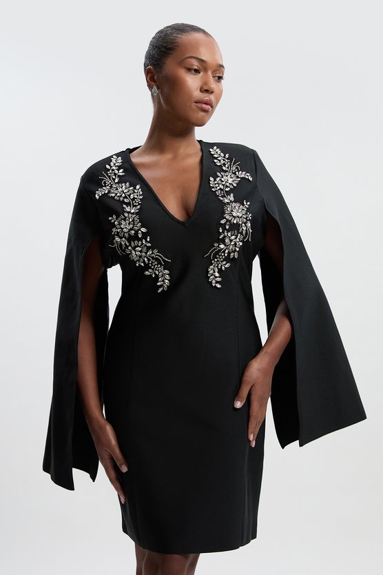 karen millen Plus Size Bandage Form Fitting Cape Sleeve Embellished Mini Dress black