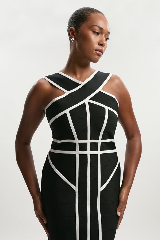 Karen Millen Plus Size Bandage Knit Contrast Cross Front Dress Black