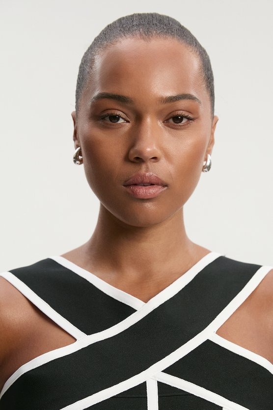 Karen Millen Plus Size Bandage Knit Contrast Cross Front Dress Black