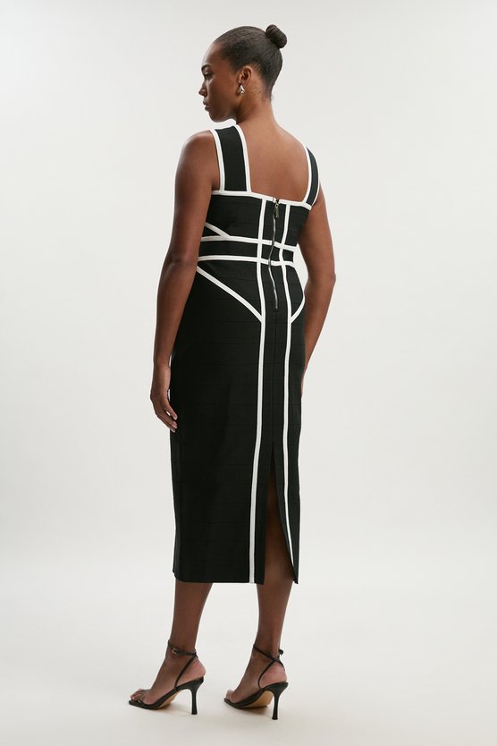 Karen Millen Plus Size Bandage Knit Contrast Cross Front Dress Black