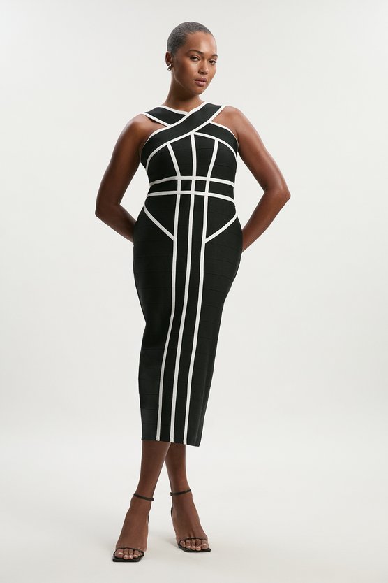 karen millen Plus Size Bandage Knit Contrast Cross Front Dress black