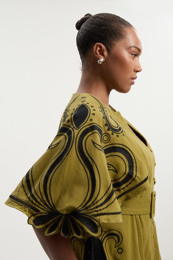 Karen Millen Plus Size Baroque Embroidered Cape Sleeve Twill Woven Maxi Dress Khaki