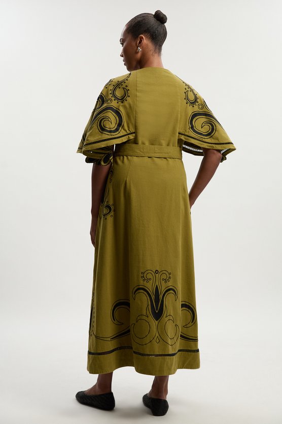 Karen Millen Plus Size Baroque Embroidered Cape Sleeve Twill Woven Maxi Dress Khaki