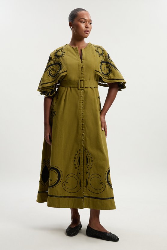karen millen Plus Size Baroque Embroidered Cape Sleeve Twill Woven Maxi Dress khaki