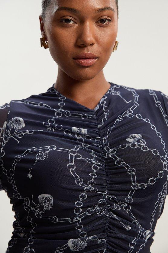 Karen Millen Plus Size Chain Print Mesh Maxi Dress Blue