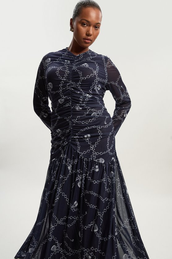 Karen Millen Plus Size Chain Print Mesh Maxi Dress Blue