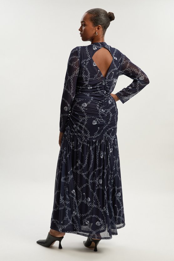 Karen Millen Plus Size Chain Print Mesh Maxi Dress Blue