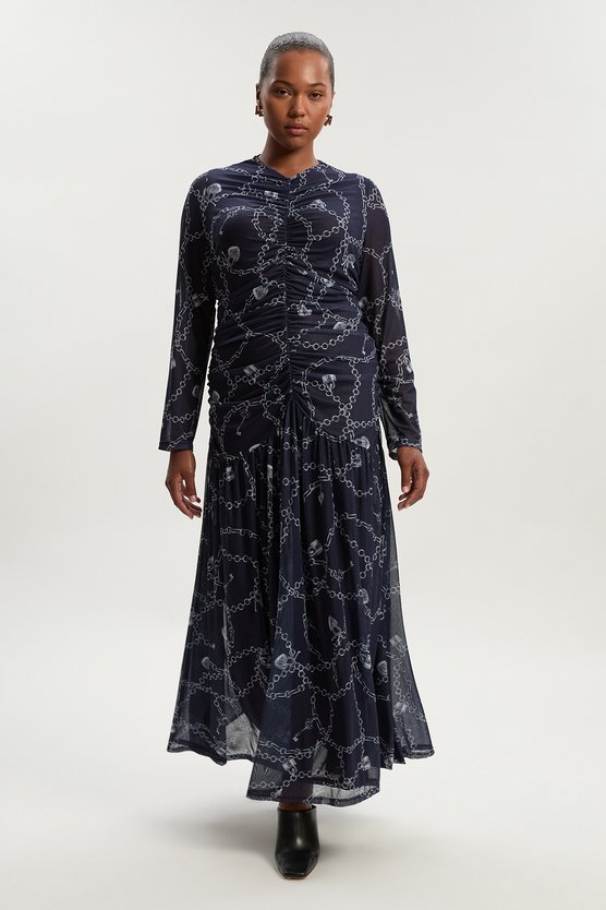 karen millen Plus Size Chain Print Mesh Maxi Dress blue