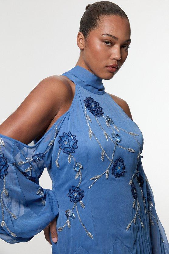 Karen Millen Plus Size Cold Shoulder 3D Floral Applique Woven Maxi Dress Blue