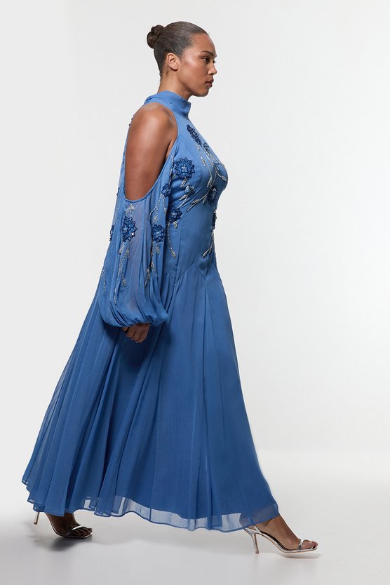 Karen Millen Plus Size Cold Shoulder 3D Floral Applique Woven Maxi Dress Blue