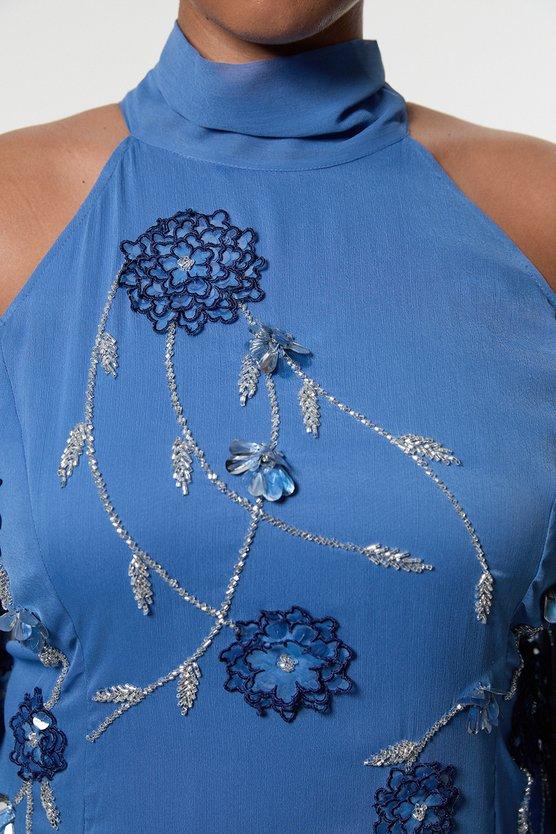 Karen Millen Plus Size Cold Shoulder 3D Floral Applique Woven Maxi Dress Blue