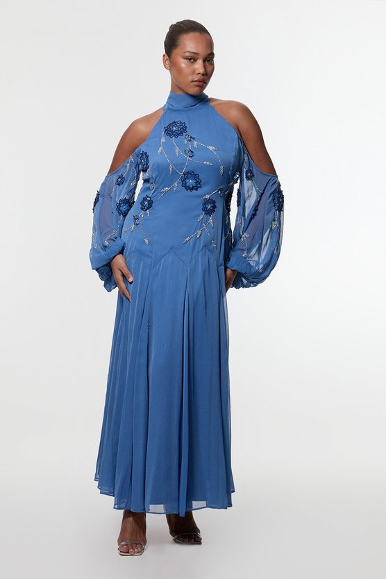 karen millen Plus Size Cold Shoulder 3D Floral Applique Woven Maxi Dress blue
