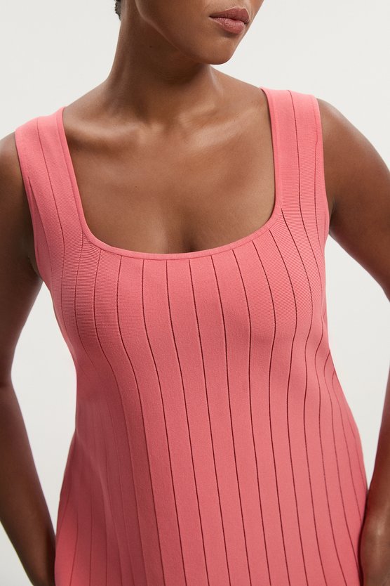 Karen Millen Plus Size Compact Stretch Square Neck Knitted Flippy Dress Coral