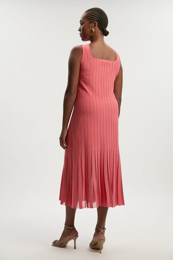 Karen Millen Plus Size Compact Stretch Square Neck Knitted Flippy Dress Coral