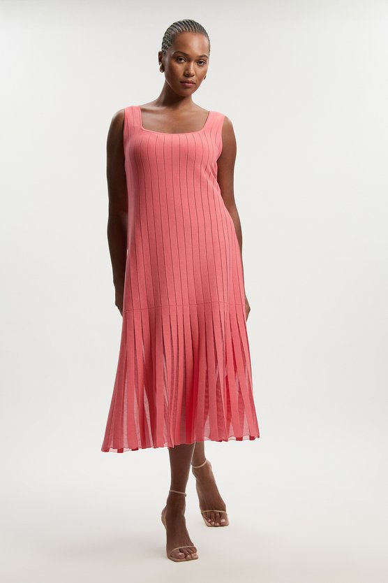 karen millen Plus Size Compact Stretch Square Neck Knitted Flippy Dress coral