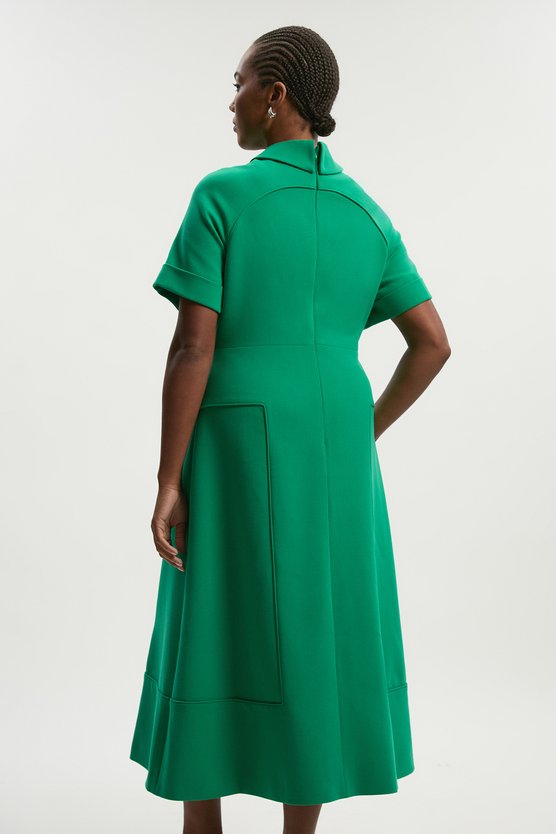 Karen Millen Plus Size Compact Stretch Tab Detail Full Skirted Midi Dress Green